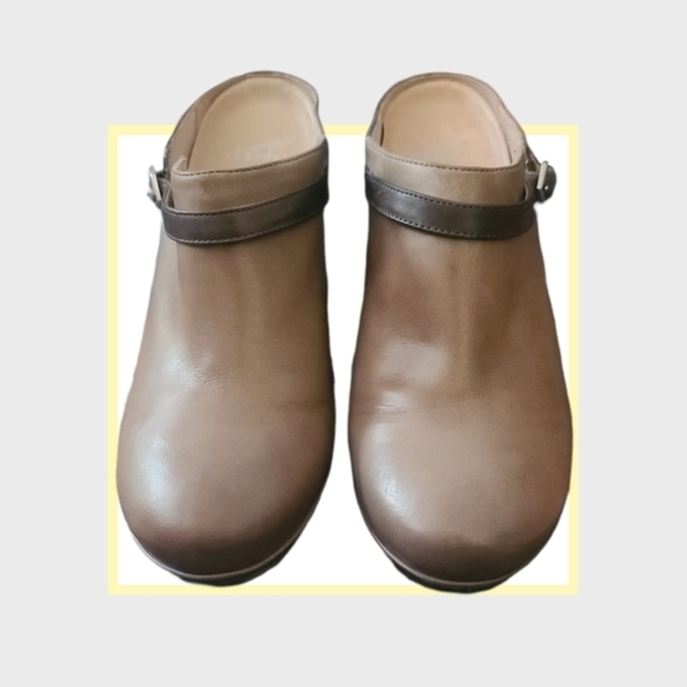 Women's gray and brown Dansko heeled clogs, size 40